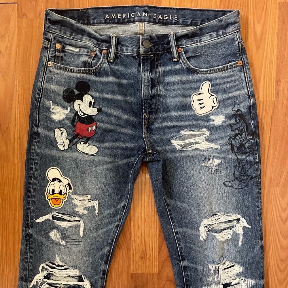AE DISNEY MICKEY MOUSE Distress Slim Jeans DONALD DUCK GOOFY PLUTO Unisex 32X34 - Picture 2 of 16